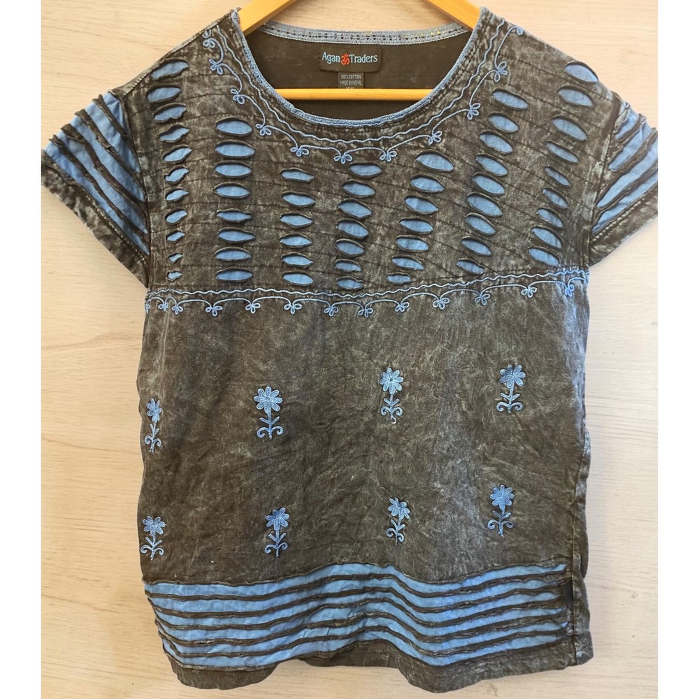 Agan Traders Razor-Cut Floral Embroidered Boho Women's XXL‎ Stonewashed Shirt
